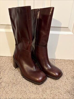 Zara Leather Square Toe Boots in Deep Burgundy